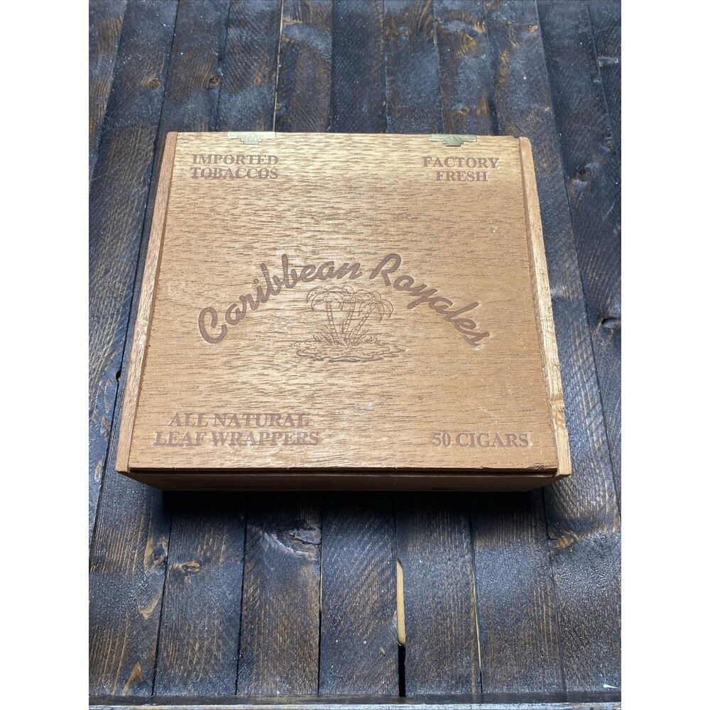 Caribbean Royales Wooden Cigar Box Empty Holds 50 Cigars Tobacciana Collectible